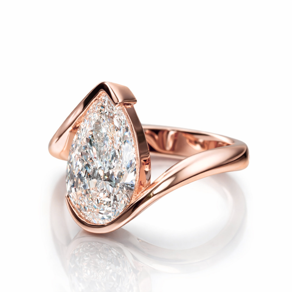 18K Solid Gold Pear Curved Solitaire Ring Set
