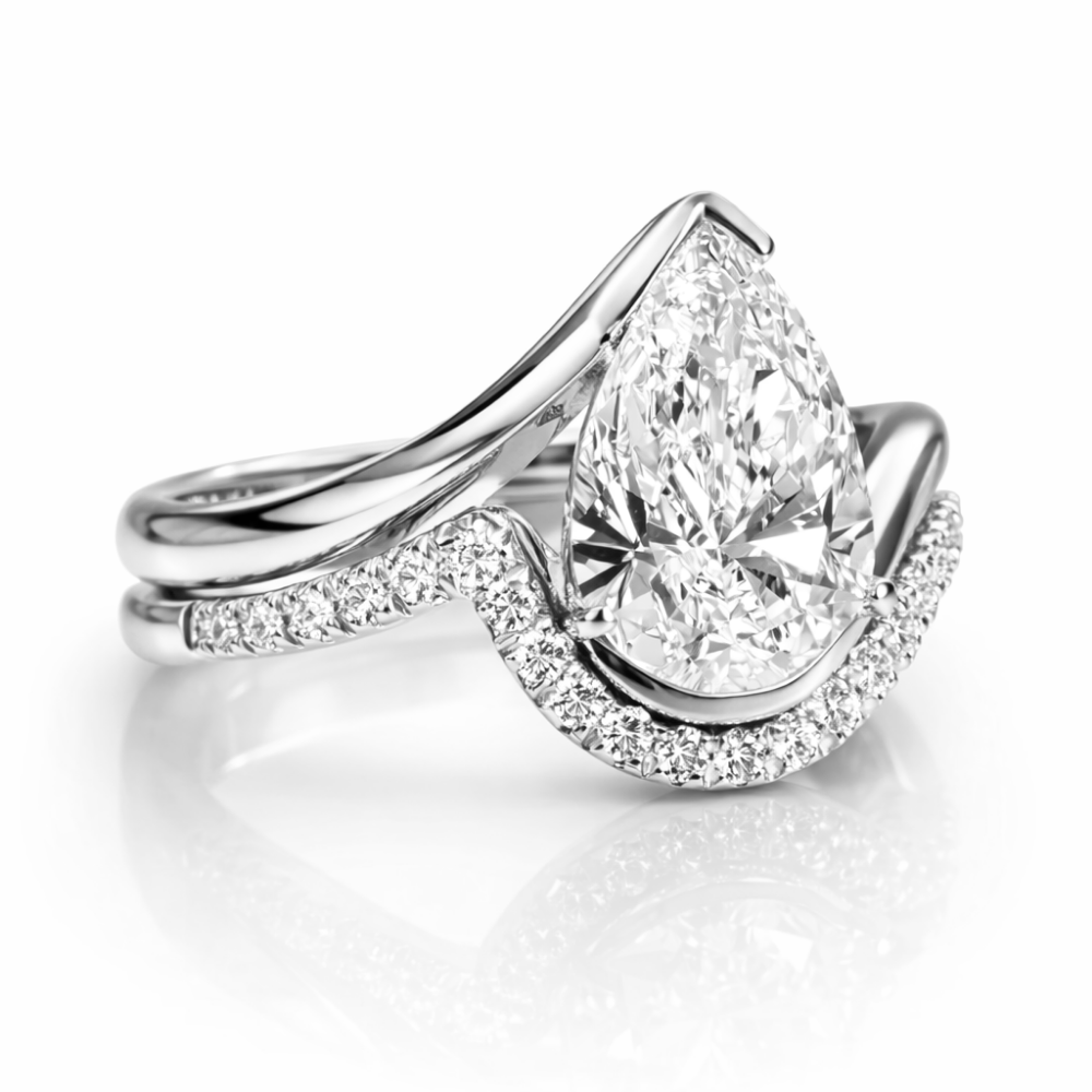 18K Solid Gold Pear Curved Solitaire Ring Set