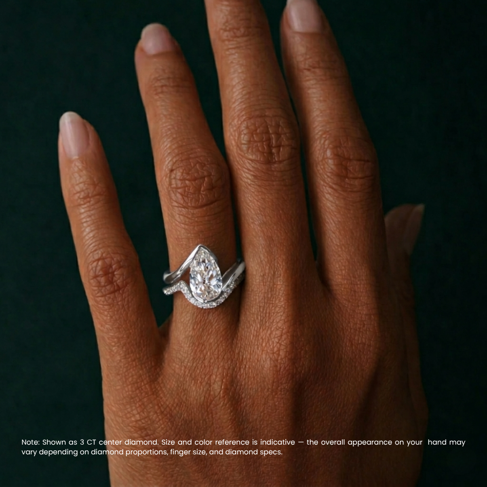 18K Solid Gold Pear Curved Solitaire Ring Set