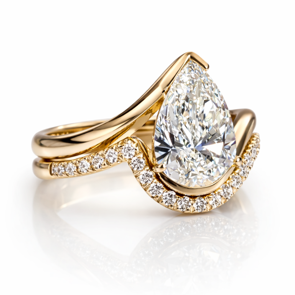 18K Solid Gold Pear Curved Solitaire Ring Set