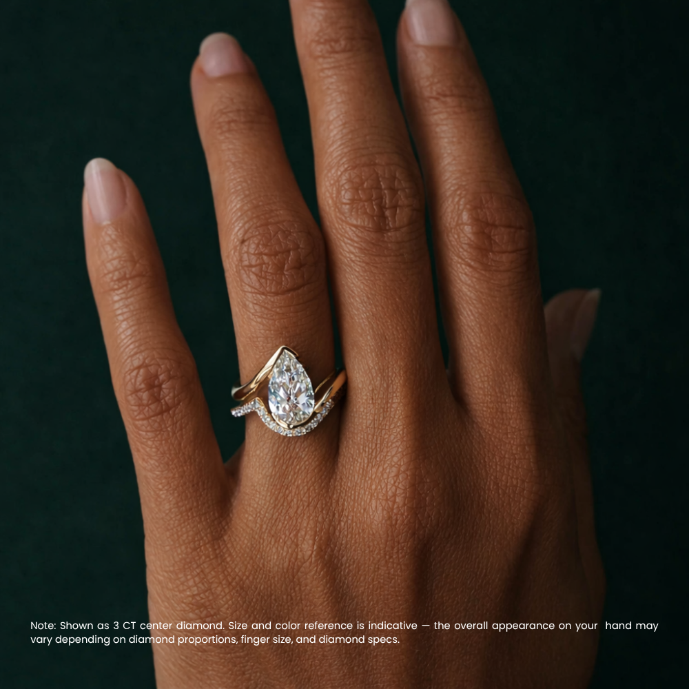 18K Solid Gold Pear Curved Solitaire Ring Set