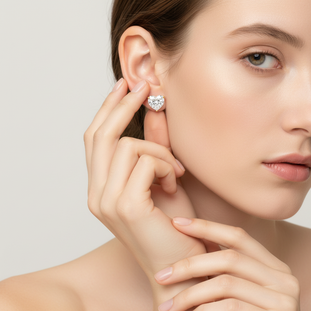 Heart Cut Diamond Stud Earrings in Solid Gold