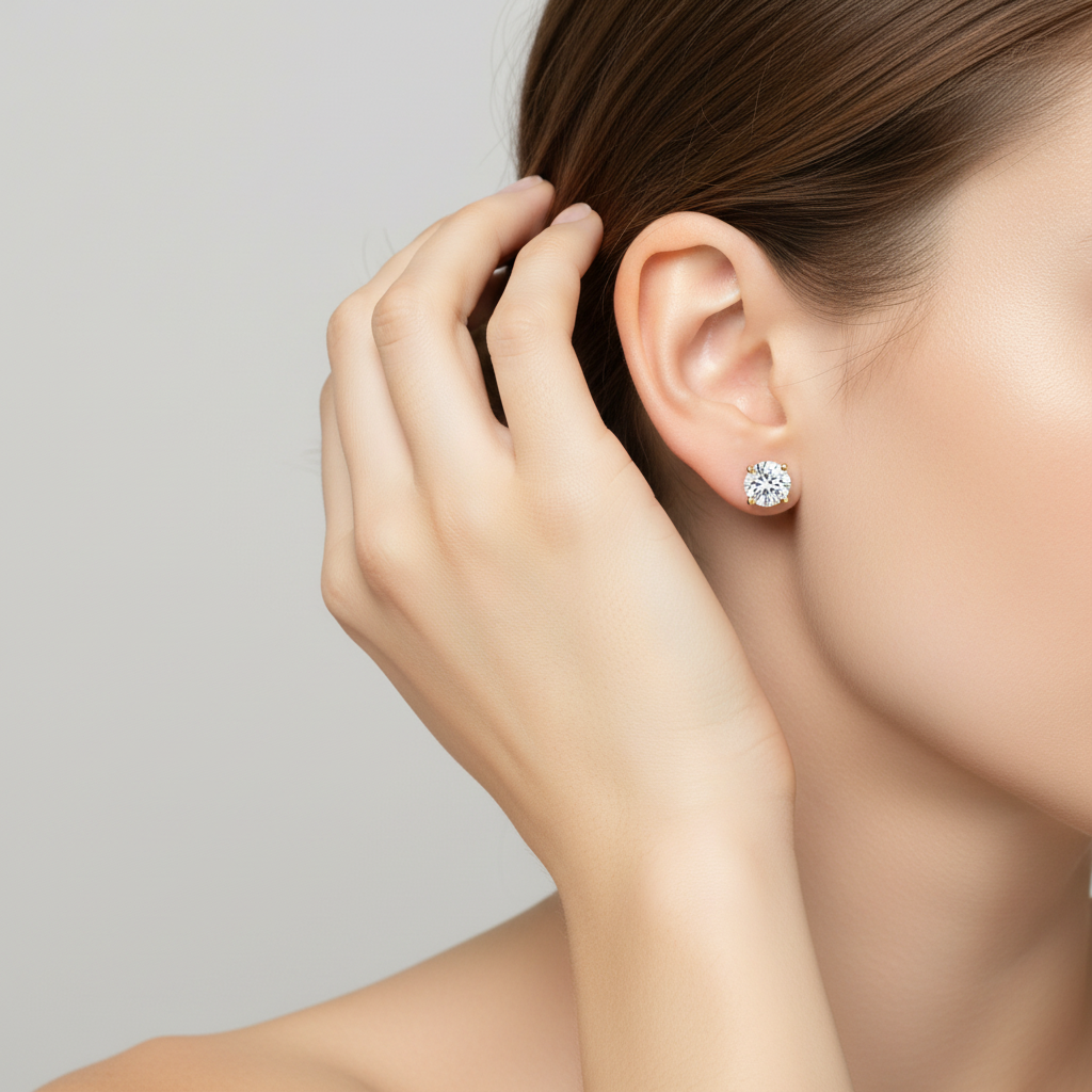 Round Cut Diamond Stud Earrings in Solid Gold