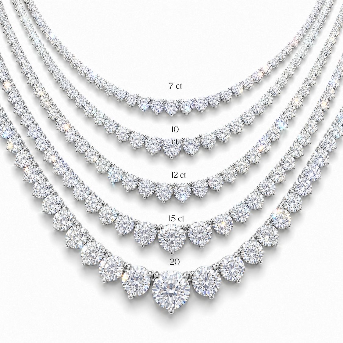 12 Carat Tennis Graduated Riviera Lab Grown Diamond Necklace 18K Gold | 3 Prongs | 16.5 in ∼ 42.5 cm | From 7 to 14 ct