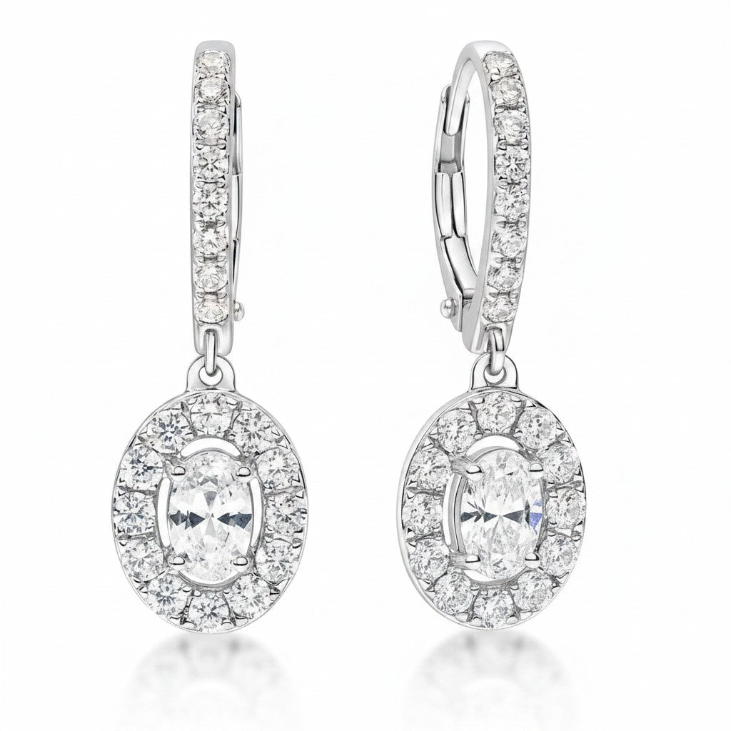 My Store 4 18K solid gold drop earrings featuring 2 carat oval lab-grown diamonds with a sparkling halo setting.