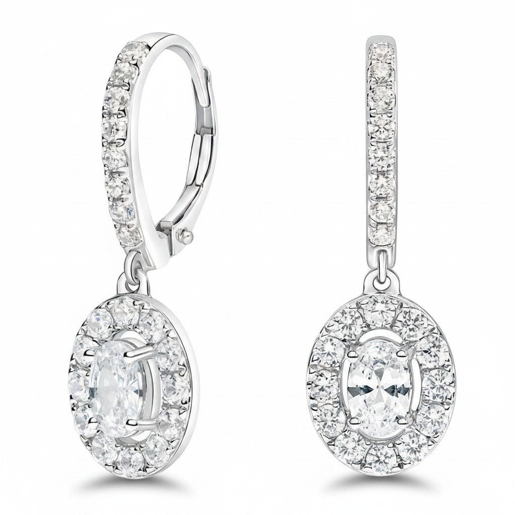 My Store 4 18K solid gold drop earrings featuring 2 carat lab-grown oval diamonds with a sparkling halo setting.