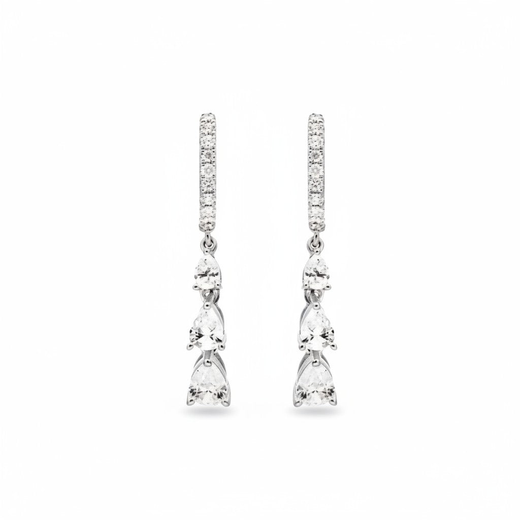 My Store 4 18K solid gold drop earrings featuring 1.1 carat lab-grown diamonds in a delicate tiered pear-cut design.