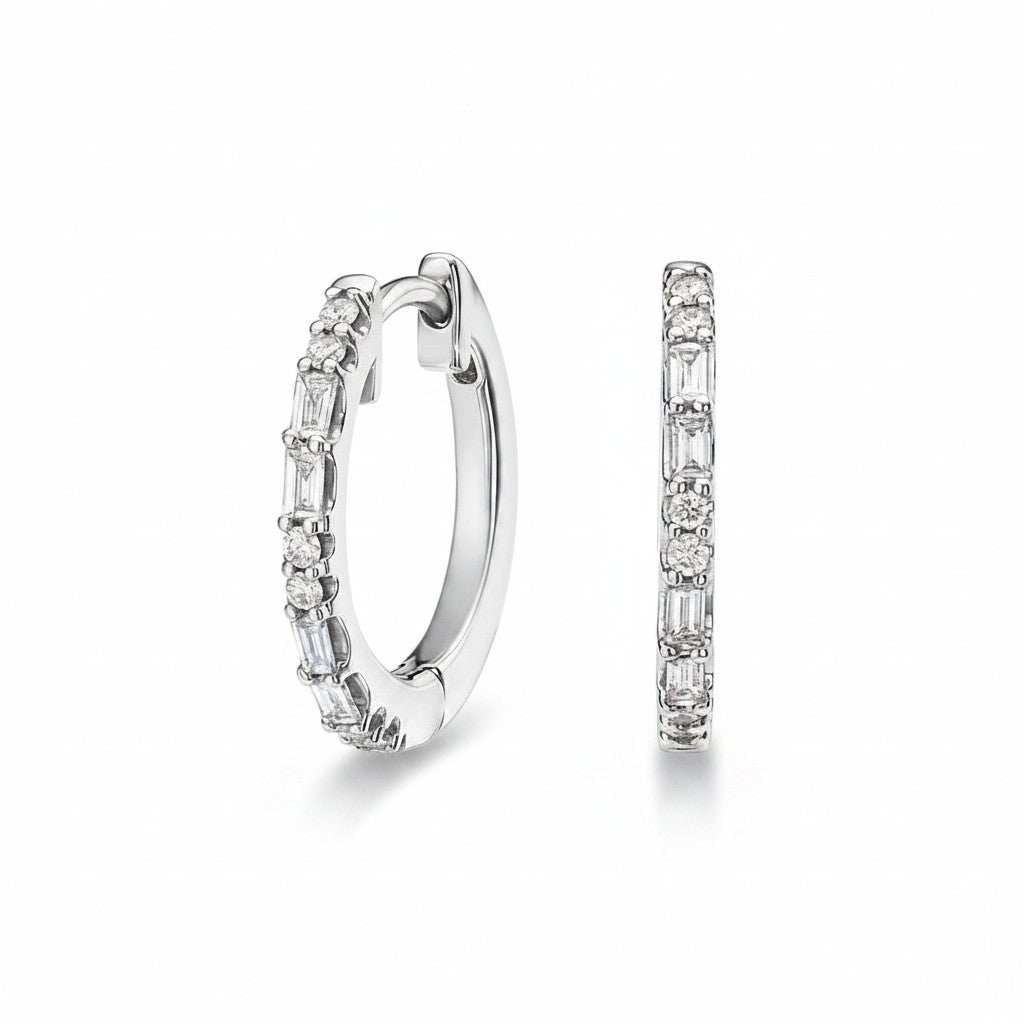 My Store 4 18K solid gold hoop earrings featuring 0.22 carat lab-grown baguette and round diamonds on a white background