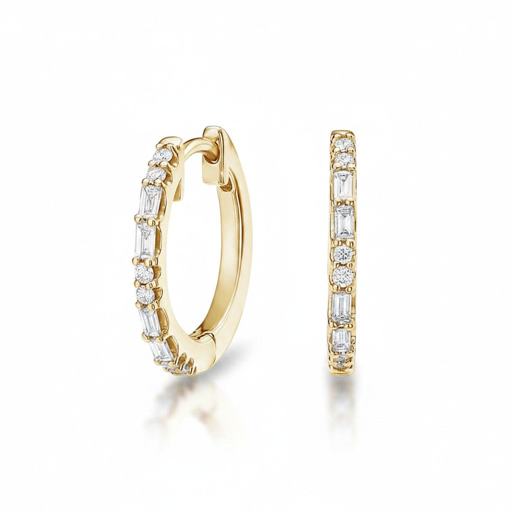 My Store 4 18K solid gold hoop earrings featuring 0.22 carat lab-grown baguette and round diamonds.