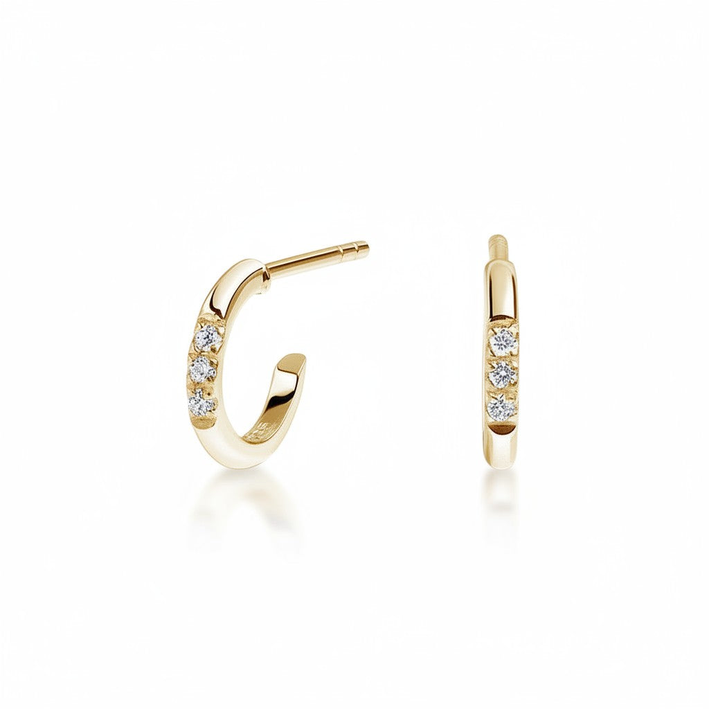 My Store 4 18K solid gold hoop earrings featuring three small lab-grown diamonds in a minimalist polished finish