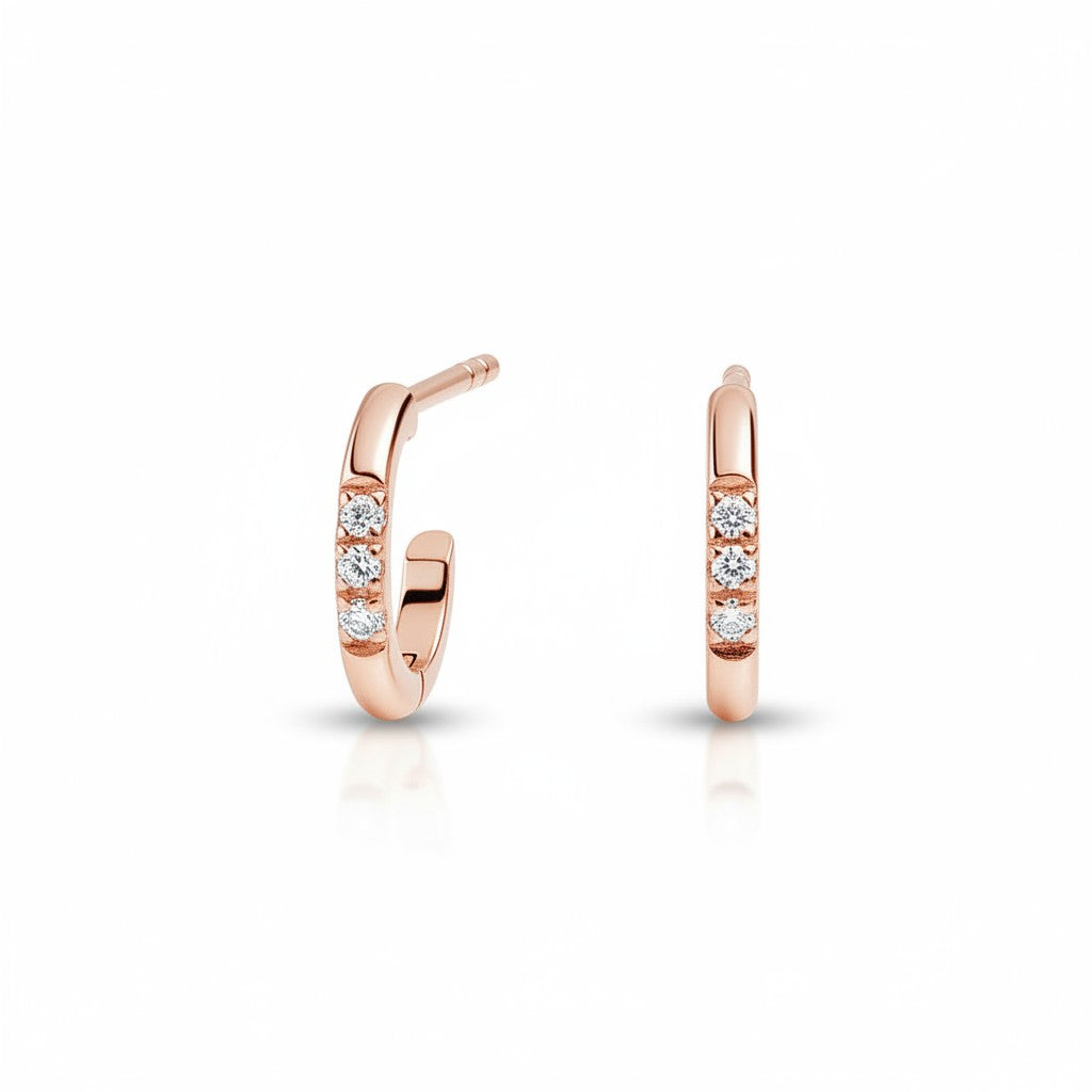 My Store 4 18K solid gold hoop earrings featuring three small lab-grown diamonds in a minimalist polished design.