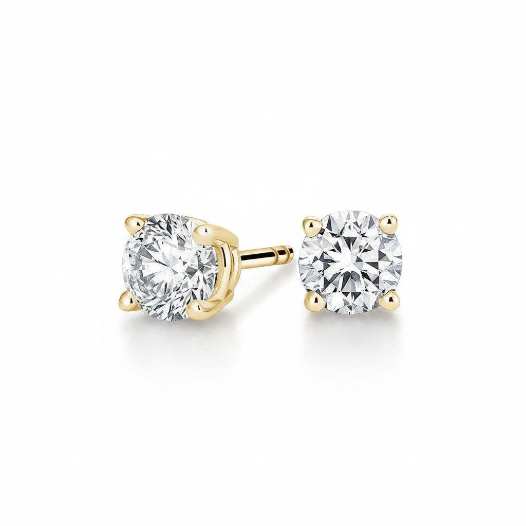 My Store 4 18K solid gold stud earrings featuring 1.5 carat round cut lab-grown diamonds with four-prong settings.