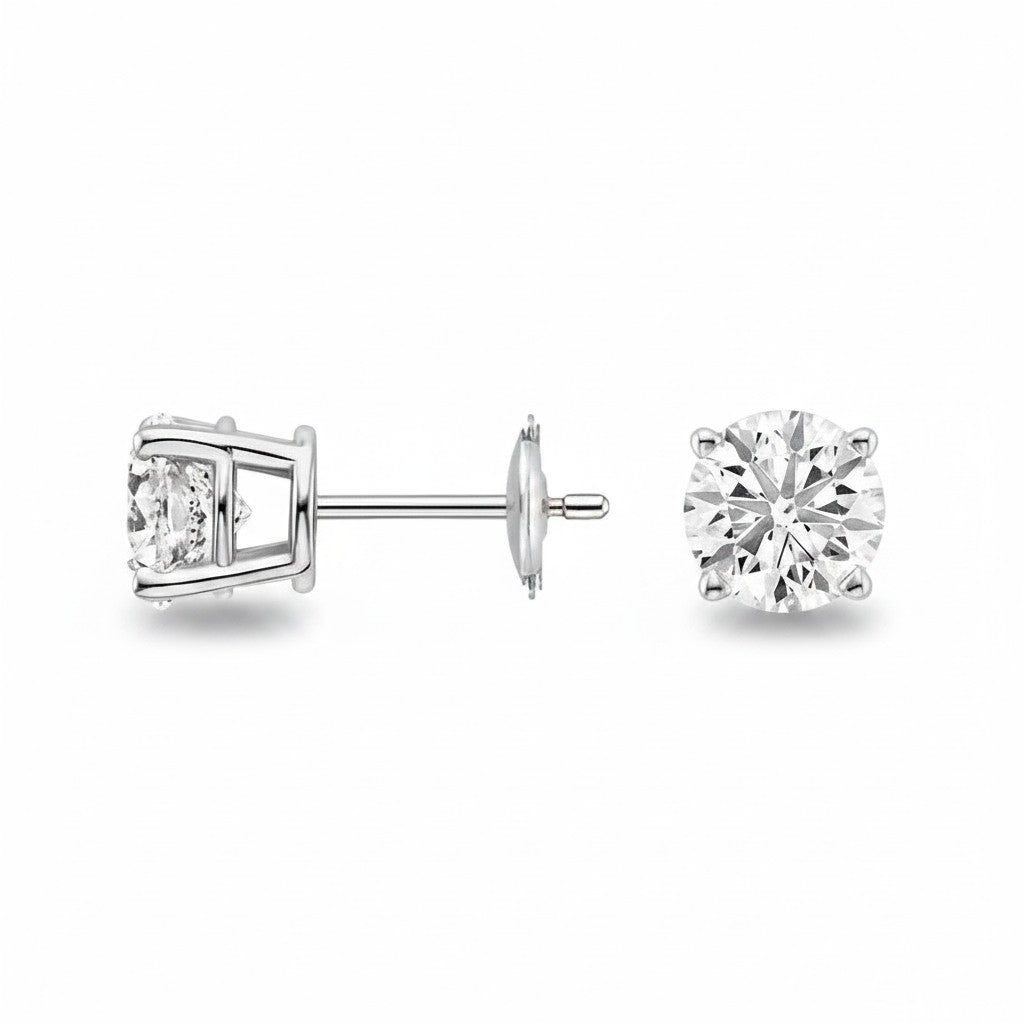 My Store 4 18K solid gold stud earrings featuring 1.5 carat round lab-grown diamonds with a classic four-prong setting.