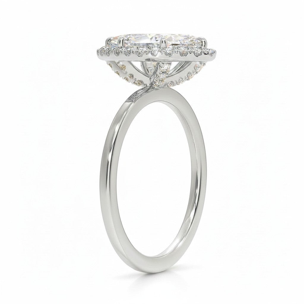 My Store 4 18K solid gold heritage halo lab diamond ring featuring a brilliant center stone in a side profile view.