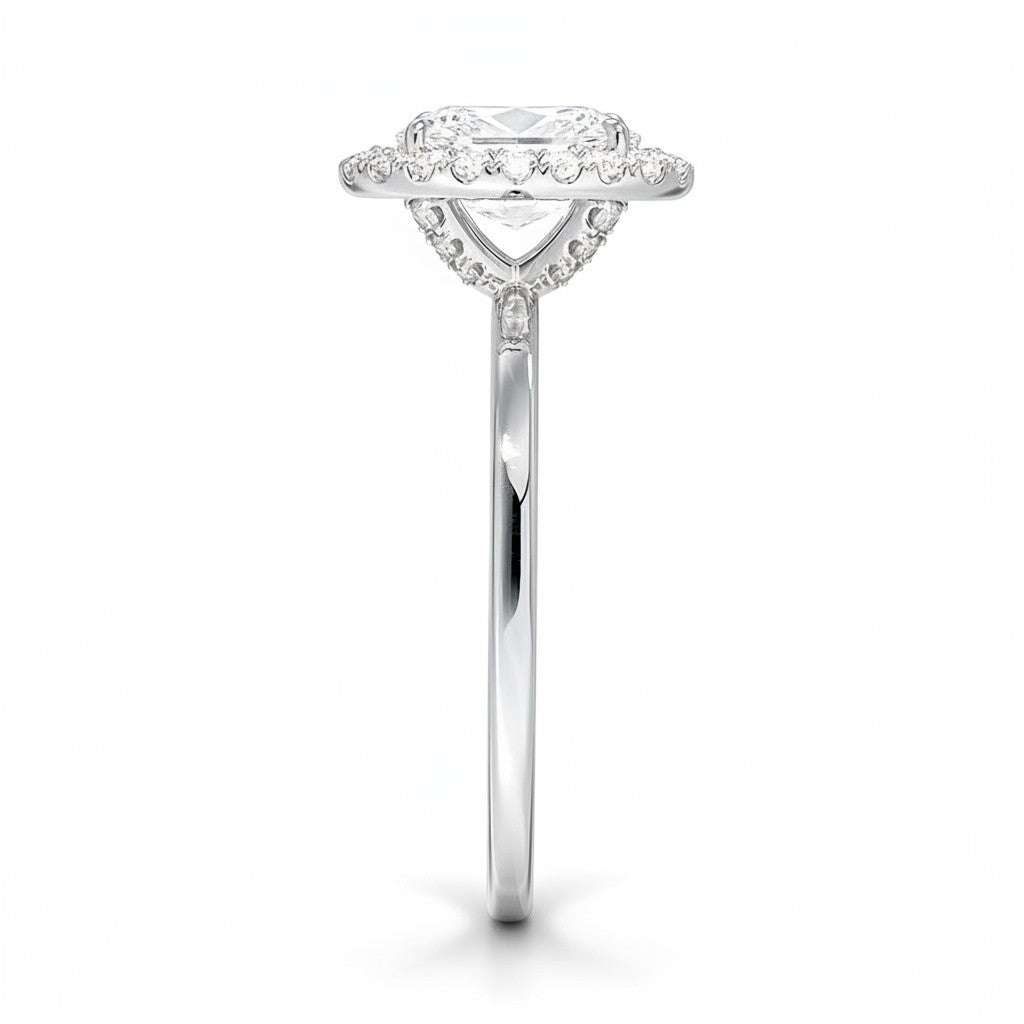 My Store 4 18K solid gold halo lab-grown diamond ring featuring a radiant center stone and delicate side profile view.