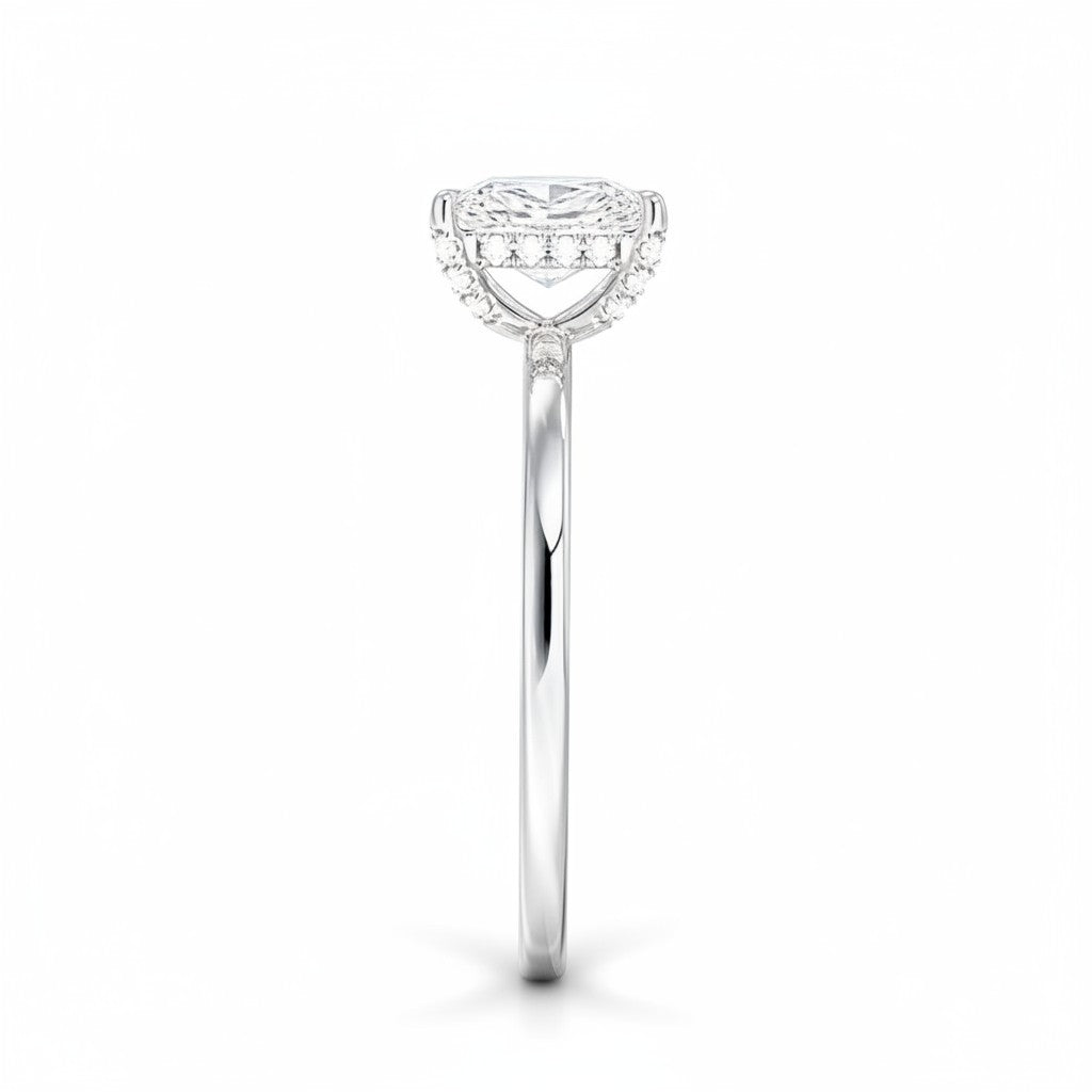 My Store 4 18K solid gold halo lab diamond ring viewed from the side, showcasing the elegant setting and band.