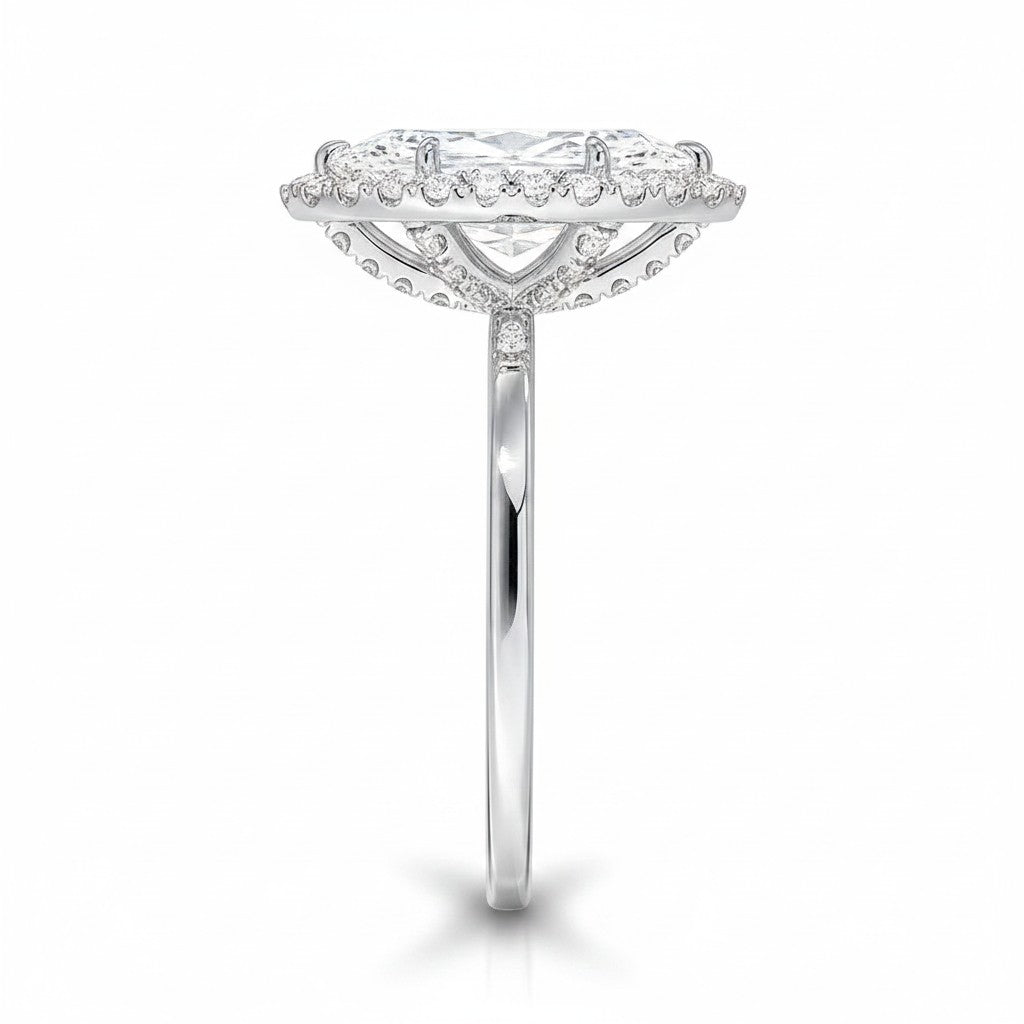 My Store 4 18K solid gold heritage halo lab diamond ring viewed from the side, showcasing intricate diamond setting.