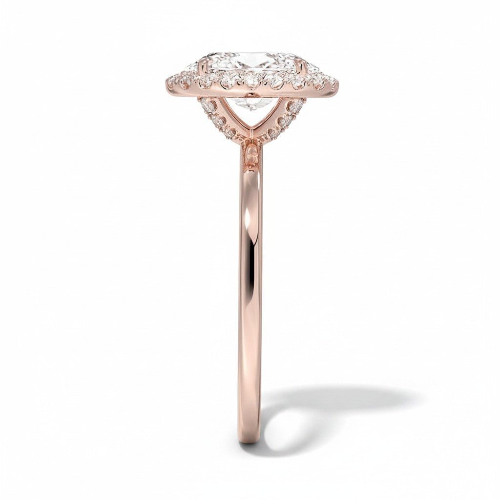 My Store 4 18K solid gold halo lab-grown diamond ring, side view showing intricate diamond setting and polished band.