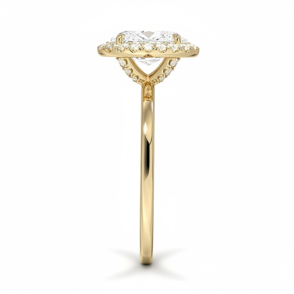 My Store 4 18K solid gold halo lab diamond ring viewed from the side, showcasing the intricate diamond setting.