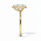 My Store 4 18K solid gold halo lab-grown diamond ring set viewed from the side showing intricate diamond detailing.