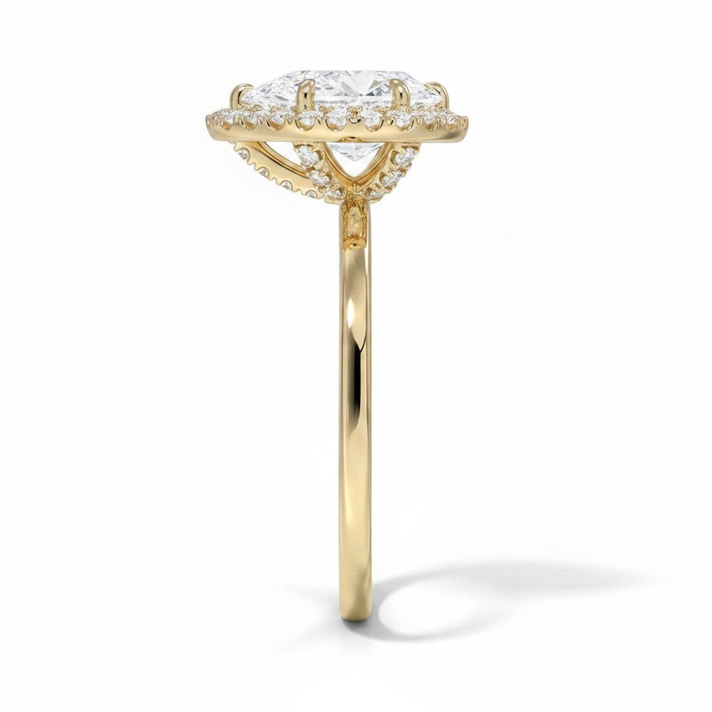 My Store 4 18K solid gold halo lab-grown diamond ring set viewed from the side showing intricate diamond detailing.