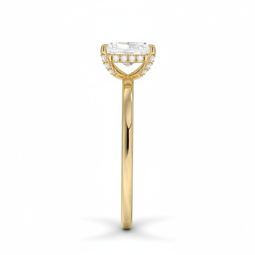 My Store 4 18K solid gold halo lab diamond ring viewed from the side, showcasing the elegant setting and band.