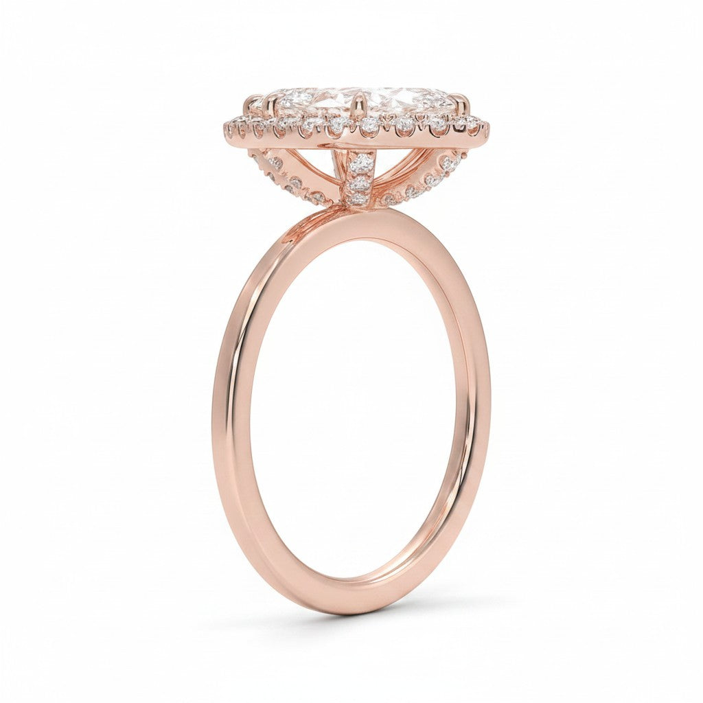 My Store 4 18K solid gold heritage halo engagement ring with a central lab-grown diamond and side profile view.