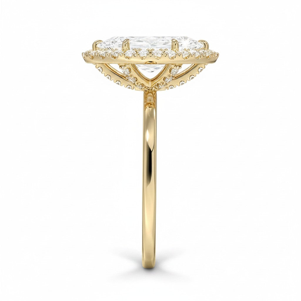 My Store 4 18K solid gold heritage halo lab diamond ring viewed from the side showing intricate diamond setting details