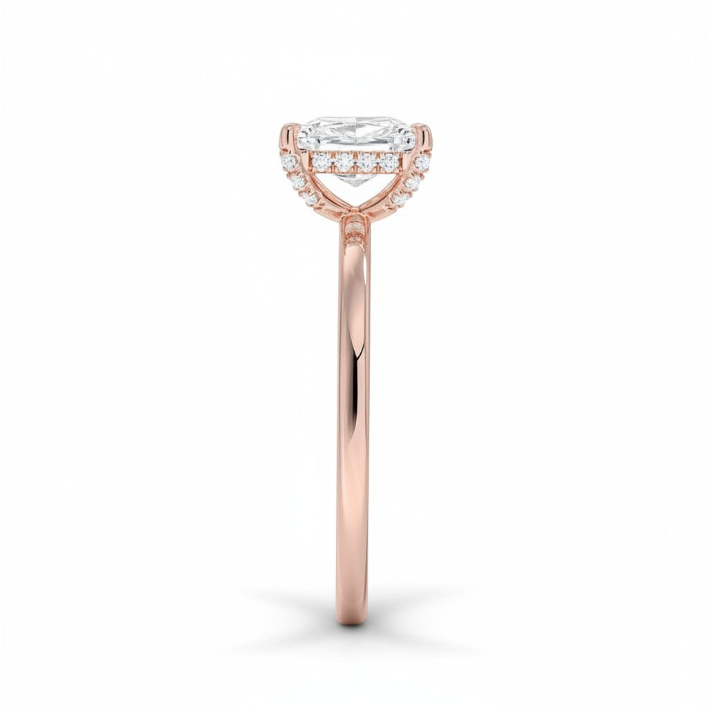 My Store 4 18K solid gold halo ring with a lab-grown diamond, featuring a side view of the elegant setting.