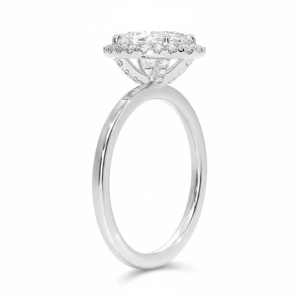 My Store 4 18K solid gold halo lab-grown diamond ring featuring a brilliant center stone and side profile view