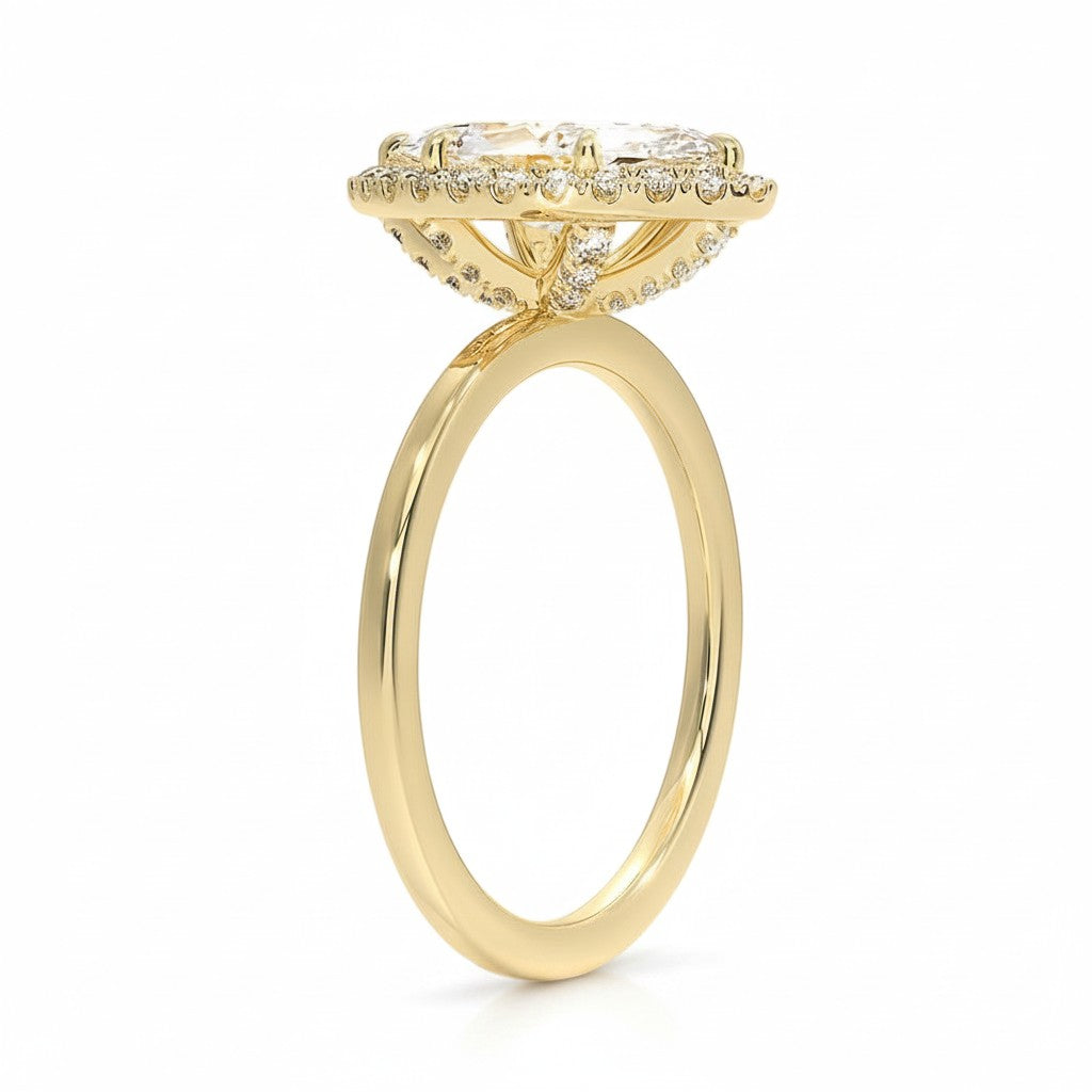 My Store 4 18K solid gold heritage halo engagement ring featuring a sparkling lab-grown diamond side profile view