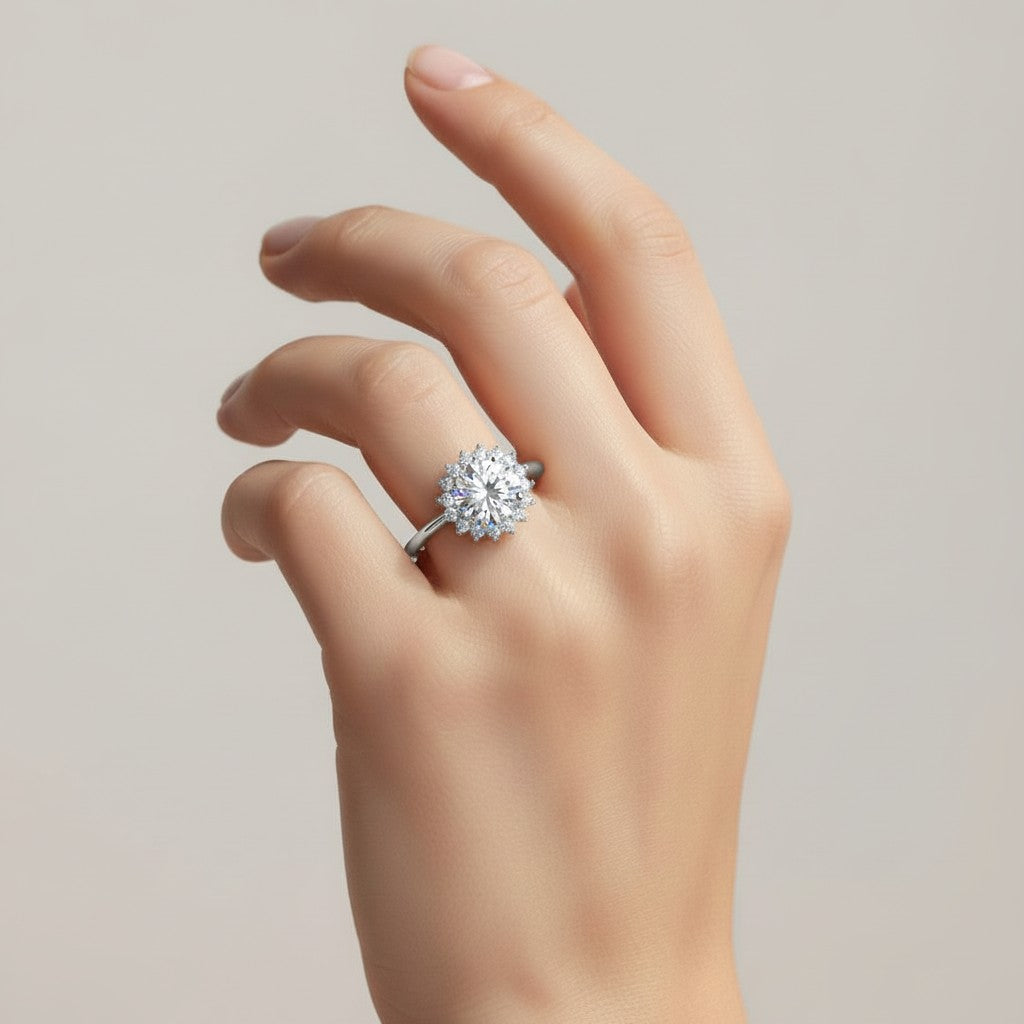My Store 4 18K solid gold engagement ring featuring a round-cut lab-grown diamond in a vintage-inspired halo setting.