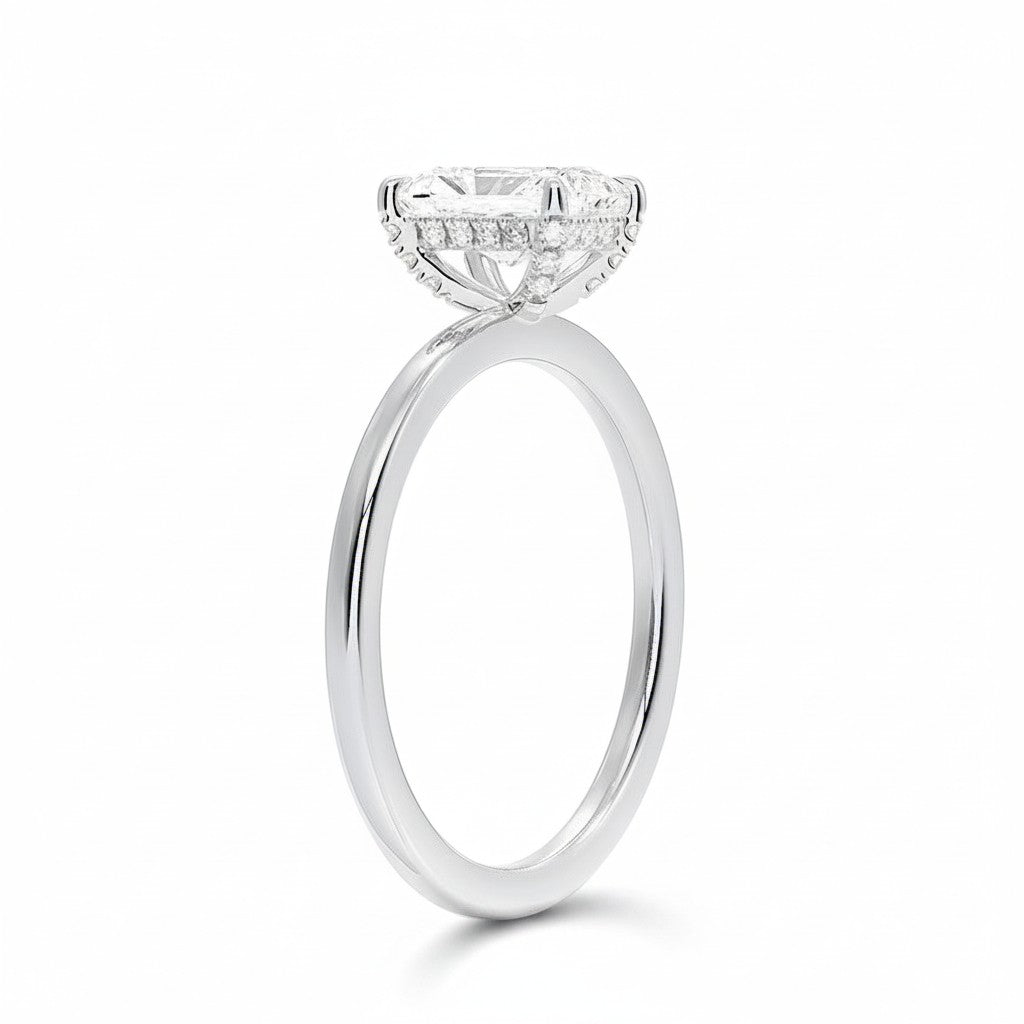 My Store 4 18K solid gold halo engagement ring with a radiant lab-grown diamond, side profile view.