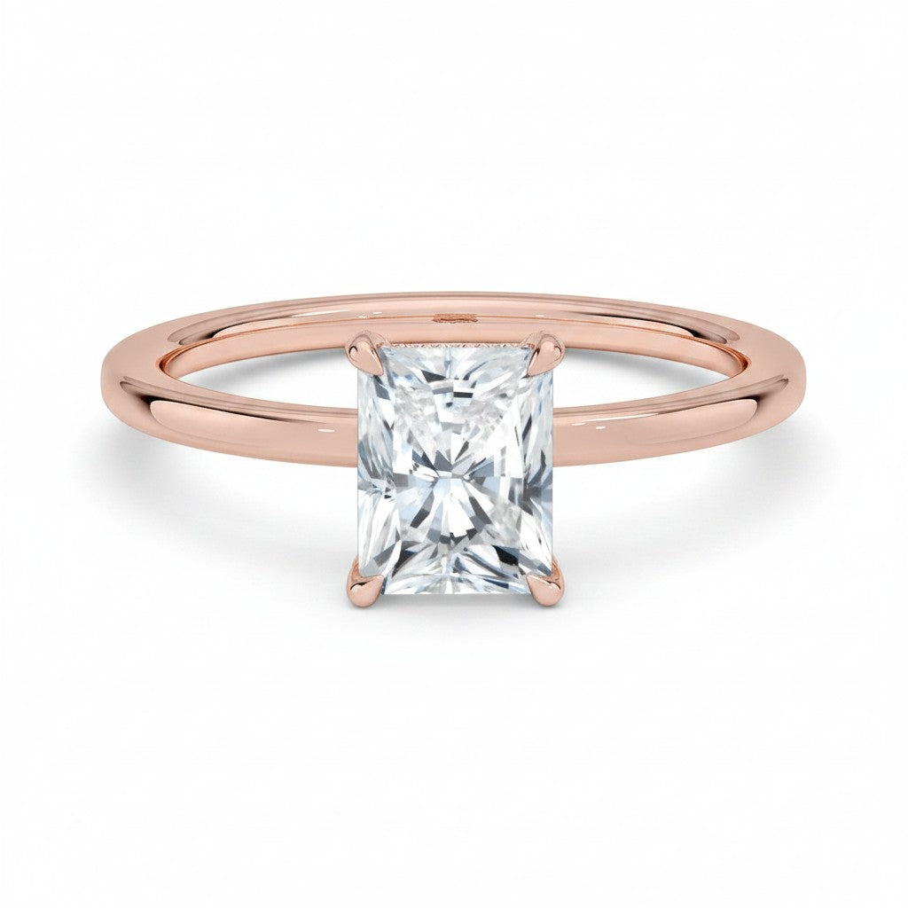 My Store 4 18K solid gold halo ring featuring a radiant cut lab-grown diamond on a polished gold band
