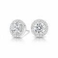 My Store 4 18K solid gold round halo stud earrings featuring 1.5 carat lab-grown diamonds with brilliant sparkle.