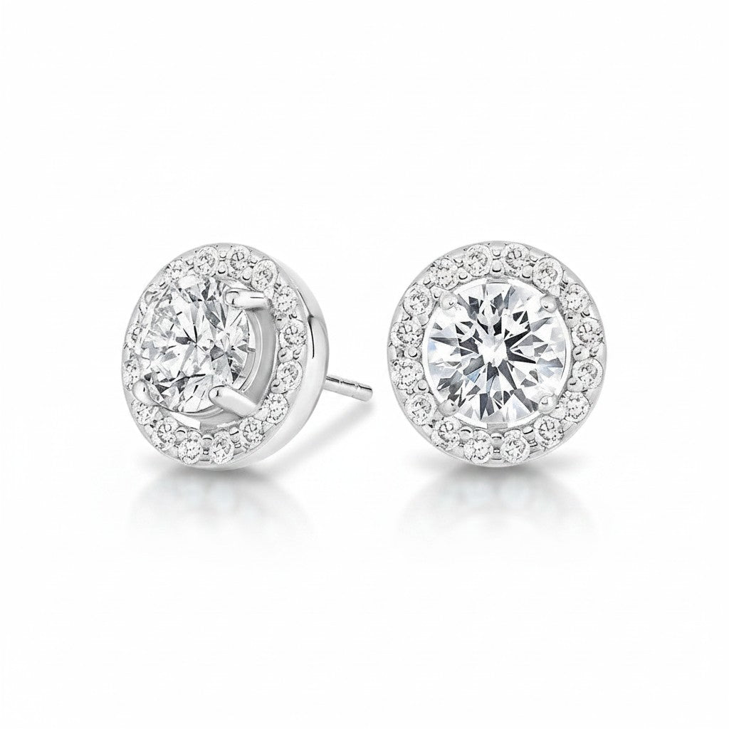 My Store 4 18K solid gold round halo stud earrings featuring 1.5 carat lab-grown diamonds with brilliant sparkle.