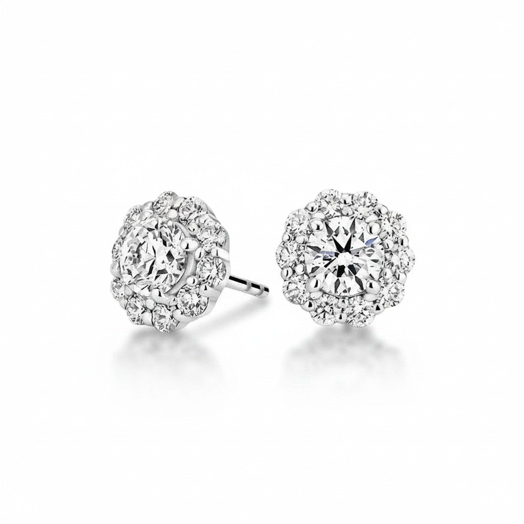 My Store 4 18K solid gold halo stud earrings featuring 1.5 carat lab-grown diamonds with a brilliant round center stone.