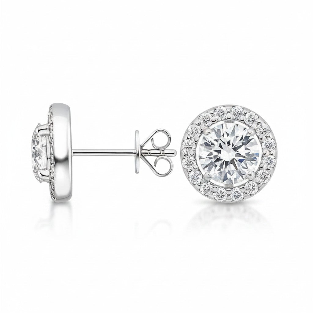 My Store 4 18K solid gold round halo stud earrings featuring 1.5 carat lab-grown diamonds with a brilliant sparkle.