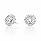 My Store 4 18K solid gold round halo stud earrings featuring 1 carat lab-grown diamonds with a brilliant sparkle.