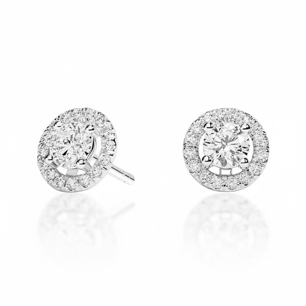 My Store 4 18K solid gold round halo stud earrings featuring 1 carat lab-grown diamonds with a brilliant sparkle.