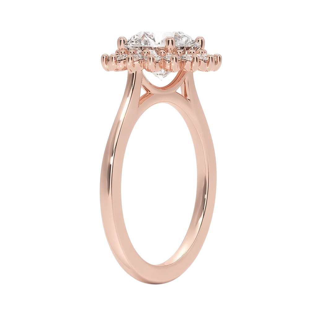 My Store 4 18K solid gold vintage halo engagement ring with a round-cut lab-grown diamond in a side profile view.