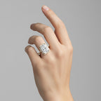 My Store 4 18K solid gold radiant cut lab diamond ring with a halo pavé setting worn on a woman's finger