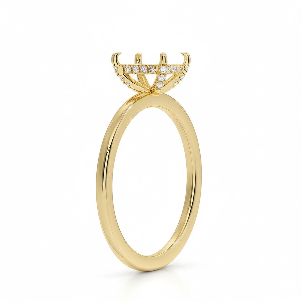 My Store 4 18K solid gold halo ring setting with lab-grown diamonds, side view showing polished gold band.