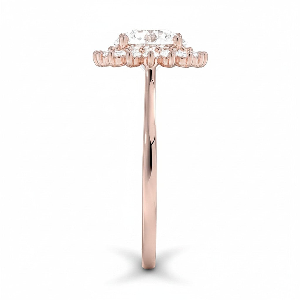My Store 4 18K solid gold vintage halo engagement ring with a round-cut lab-grown diamond, side profile view.
