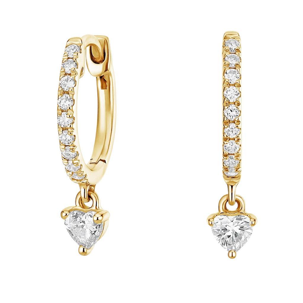 My Store 4 18K solid gold drop earrings featuring heart-shaped lab-grown diamonds and pavé-set diamond hoops.