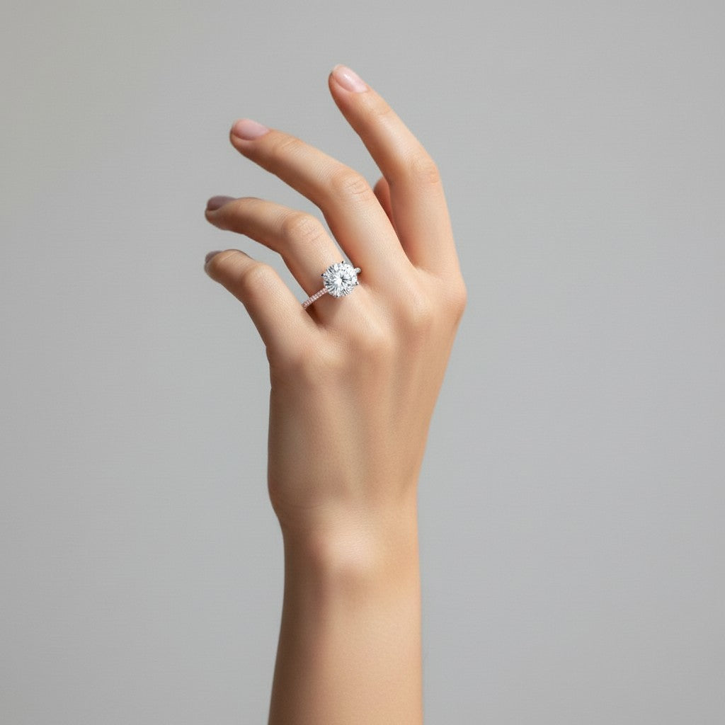 My Store 4 18K solid gold pavé lab-grown diamond ring worn on a woman's finger against a neutral background.