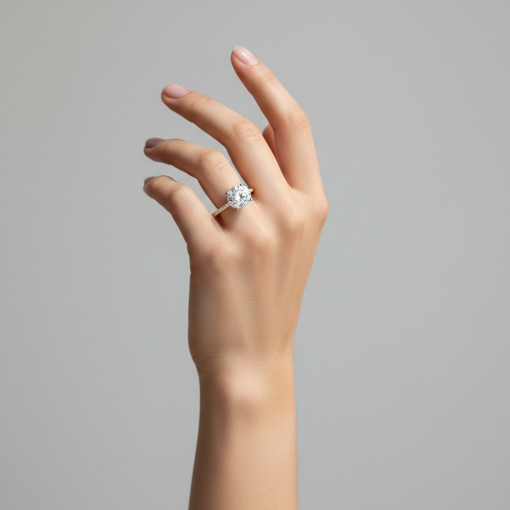 My Store 4 18K solid gold pavé lab-grown diamond ring worn on a woman's hand against a neutral background.