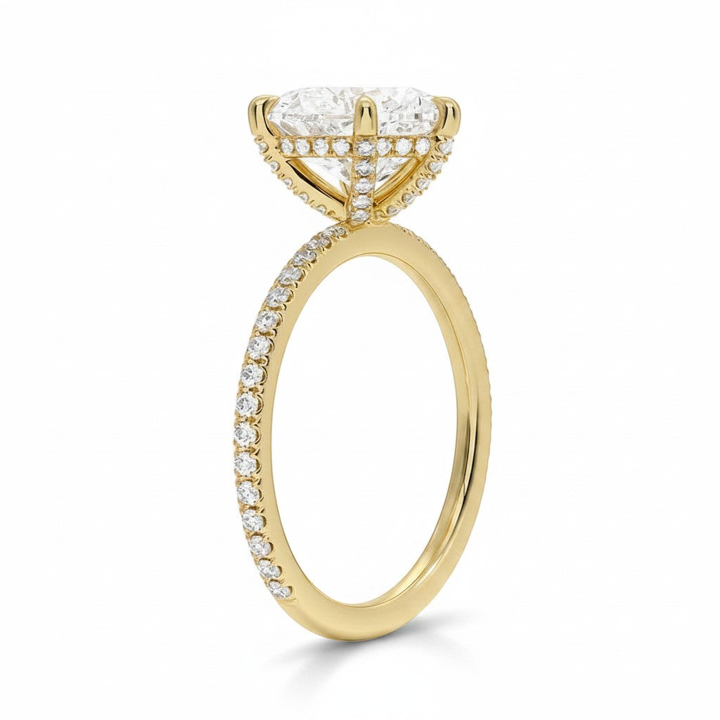 My Store 4 18K solid gold solitaire ring featuring a lab-grown diamond with pavé-set diamonds on a thin band.