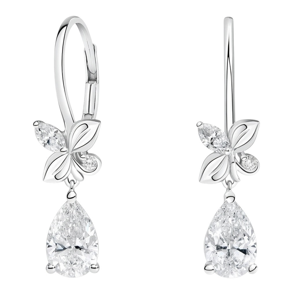 My Store 4 18K solid gold drop earrings featuring 2.2 carat pear-cut lab-grown diamonds with butterfly-inspired motifs.