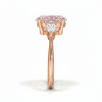 My Store 4 18K solid gold trilogy engagement ring with a pear-cut lab-grown diamond and pear side stones, side view.